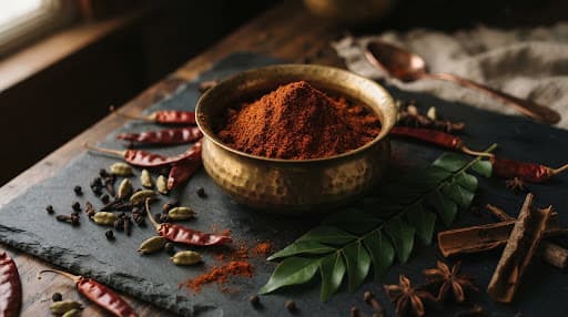 Freshly ground red masala in an antique brass bowl, surrounded by star anise, cardamom, dried chilies and curry leaves on dark slate