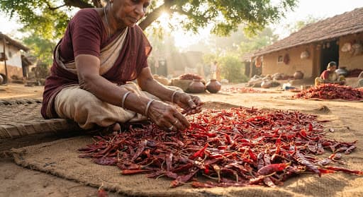 Hands sorting sun-dried crimson chilies